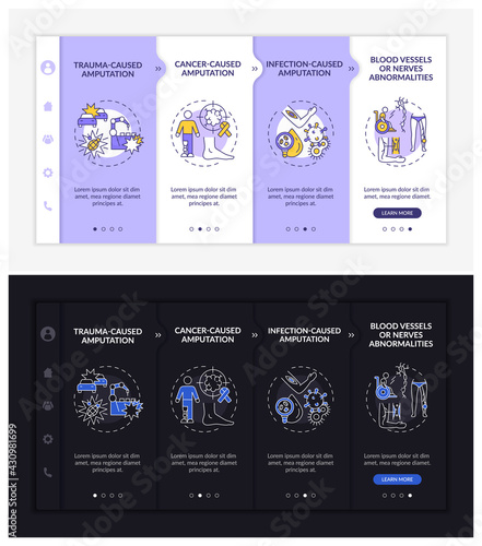 Amputated limb reasons onboarding vector template. Responsive mobile website with icons. Web page walkthrough 4 step screens. Disorders, injuries night mode concept with linear illustrations