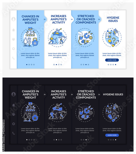 Artificial limb replacement onboarding vector template. Responsive mobile website with icons. Web page walkthrough 4 step screens. Hygiene issues night mode concept with linear illustrations