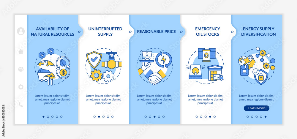 Energetic security elements onboarding vector template. Responsive mobile website with icons. Web page walkthrough 5 step screens. Availability, rational price color concept with linear illustrations