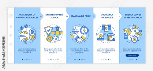 Energetic security elements onboarding vector template. Responsive mobile website with icons. Web page walkthrough 5 step screens. Availability, rational price color concept with linear illustrations