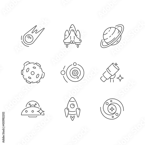 Astronautic linear icons set. Person trained by spaceflight program to serve as crew member. Customizable thin line contour symbols. Isolated vector outline illustrations. Editable stroke