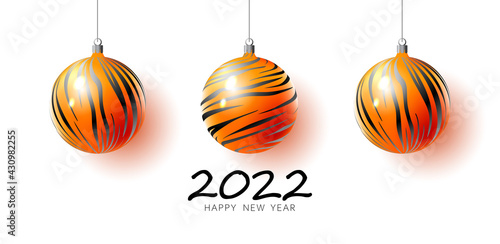 2022 Happy New Year, Merry Christmas. Christmas tree toy ball with tiger pattern. 2022 Year of tiger. Holiday design. Vector illustration for winter holidays. 3D realistic vector illustration. 2022