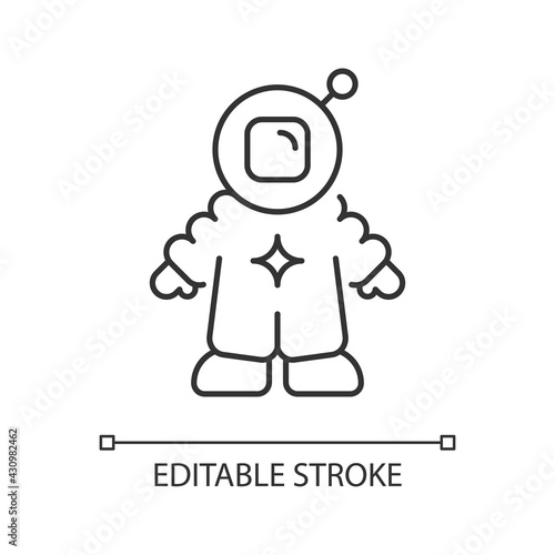Astronaut linear icon. Person trained by spaceflight program. Crew member on board of spacecraft. Thin line customizable illustration. Contour symbol. Vector isolated outline drawing. Editable stroke