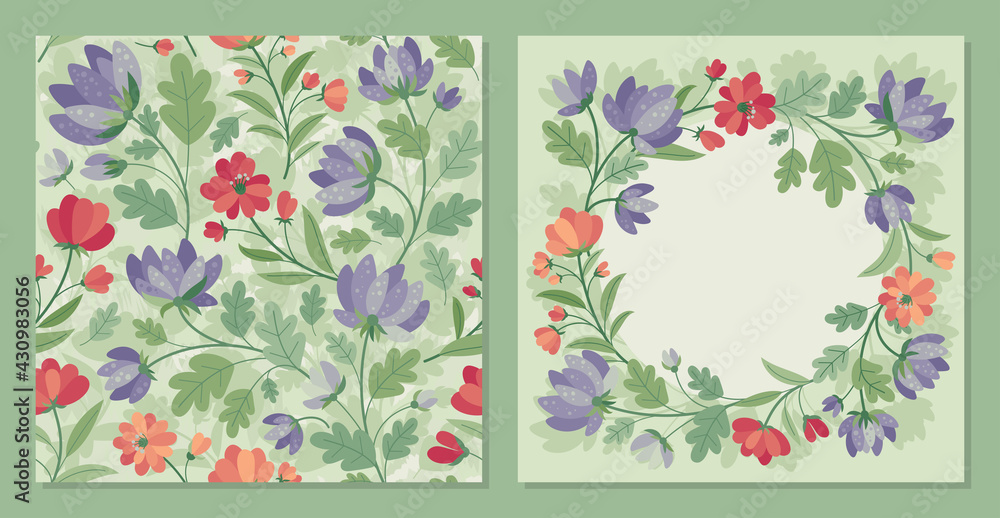 Summer flowers in flat style - set of card and seamless pattern. Vector Frame, poster, banner, template. Hello spring and summer. Spring mood. Background for fabric, textile, wallpaper, poster