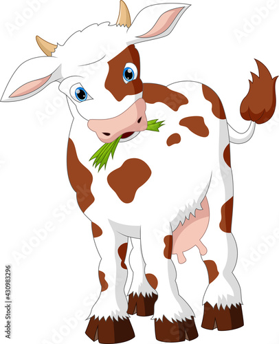cartoon cow eating grass on a white background