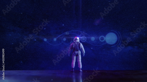 Astronaut in virtual space with abstract navigation display - illumnated by neon lights   Sci-Fi Time & Space Travel Konzept   3D Render Illustration © Jacqueline Weber