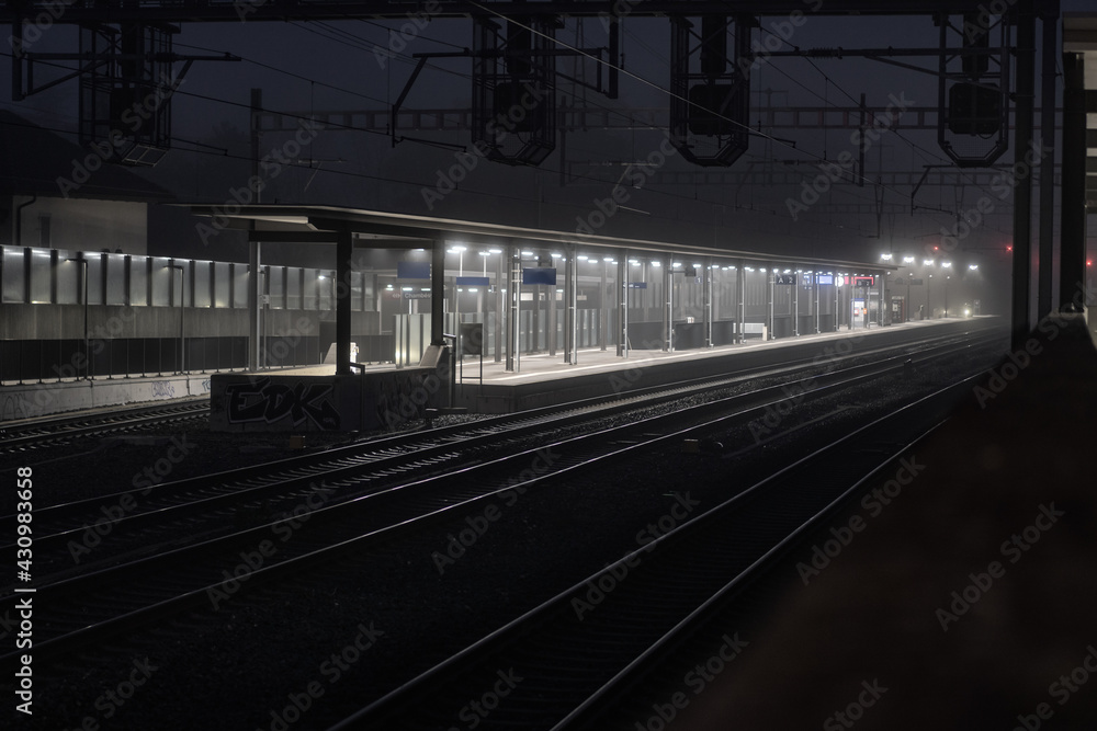 Fototapeta premium Chambésy Gare de nuit par temps brumeux