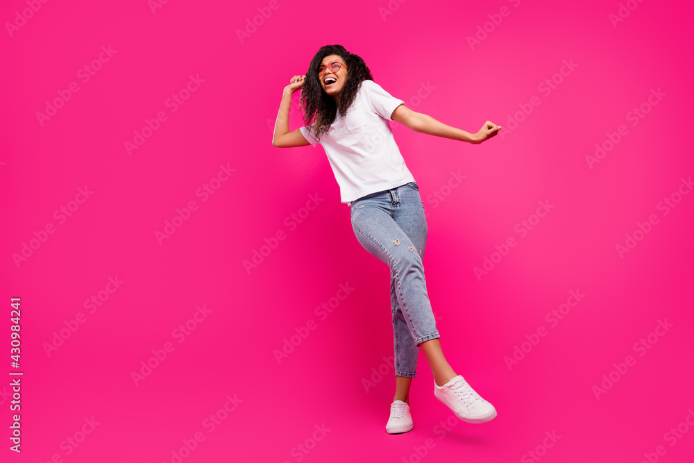 Full length body size view of pretty cheerful girl dancing having fun rest relax isolated over vivid pink fuchsia color background