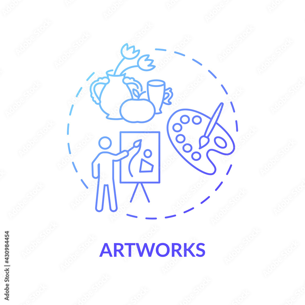 Artworks concept icon. Copyright object idea thin line illustration. Paper, canvas, digital medium. Self-expression. Artistic craftsmanship. Tangible object. Vector isolated outline RGB color drawing Artworks concept icon. Copyright object idea thin line illustration. Paper, canvas, digital medium. Self-expression. Artistic craftsmanship. Tangible object. Vector isolated outline RGB color drawing
