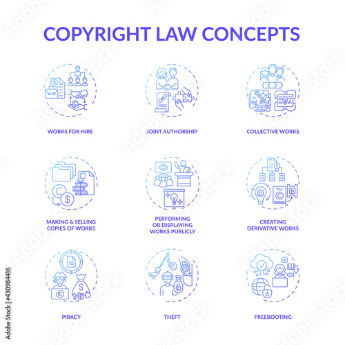 Copyright law concept icons set. Original works authorship protection idea thin line RGB color illustrations. Freebooting. Making and selling copies. Joint authorship. Vector isolated outline drawings © bsd studio