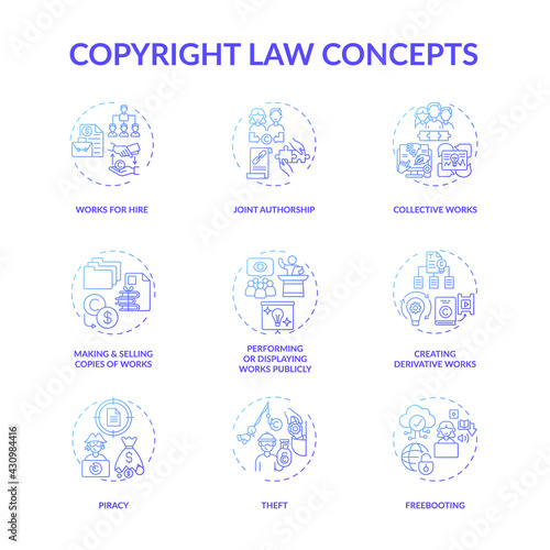 Copyright law concept icons set. Original works authorship protection idea thin line RGB color illustrations. Freebooting. Making and selling copies. Joint authorship. Vector isolated outline drawings