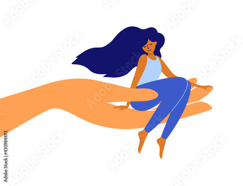 Self care, help and support concept. Love yourself. Happy woman with long hair sitting on palm. Human hand holding smiling girl. Self development, wellbeing, growth. Helping hand vector illustration