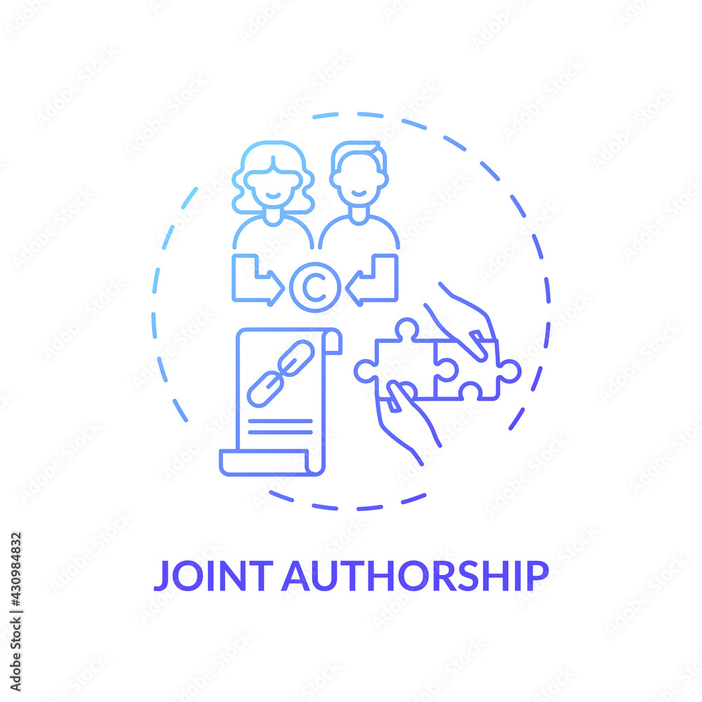 Joint authorship concept icon. Copyright law special rule idea thin line illustration. Getting equal proceeds share. Copyright in separate contribution. Vector isolated outline RGB color drawing Joint authorship concept icon. Copyright law special rule idea thin line illustration. Getting equal proceeds share. Copyright in separate contribution. Vector isolated outline RGB color drawing