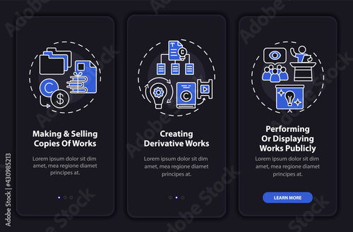 Exclusive holder rights onboarding mobile app page screen with concepts. Performing publicly walkthrough 3 steps graphic instructions. UI, UX, GUI vector template with linear night mode illustrations