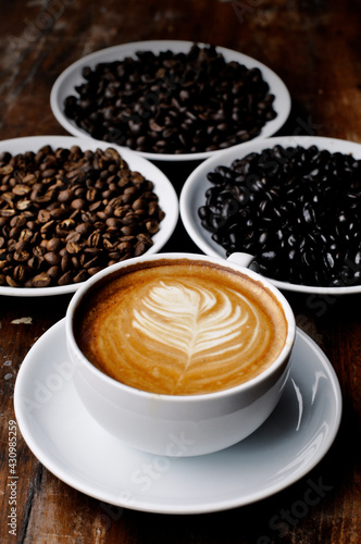 coffee latte with coffee beans. Top view with copyspace for your text