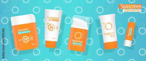 Bright summer travel SPF protection cosmetic product set. Different sunscreen packages: SPF cream tube, uv sunblock lotion, pump bottle, stick, lip balm. Safe suntan high protection spf skin care.