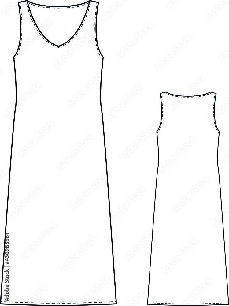 Silk dress vector illustration isolated on white background, front and back view. Technical drawing for fashion design Silk dress vector illustration isolated on white background, front and back view. Technical drawing for fashion design