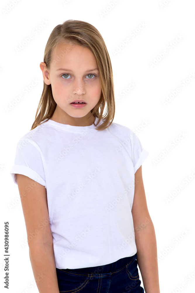 Fototapeta premium Blonde in a white T-shirt in the studio on a white background. Close-up