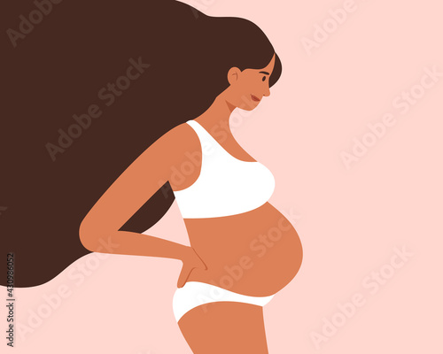 Beautiful young smiling pregnant woman with long hair in underwear. Motherhood, new born, pregnancy belly, body positive. Modern vector illustration flat style.