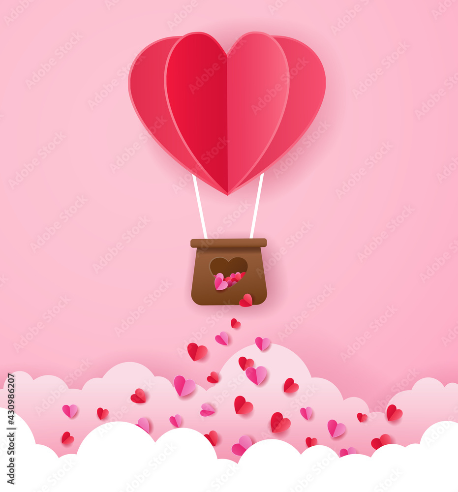 Paper art style of red heart shaped hot air balloon flying to the pink ...