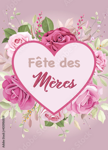 carte ou bandeau sur La Fête des mères en rose clair et foncé dans un coeur rose avec un bouquet de rose derrière sur un fond vieux rose