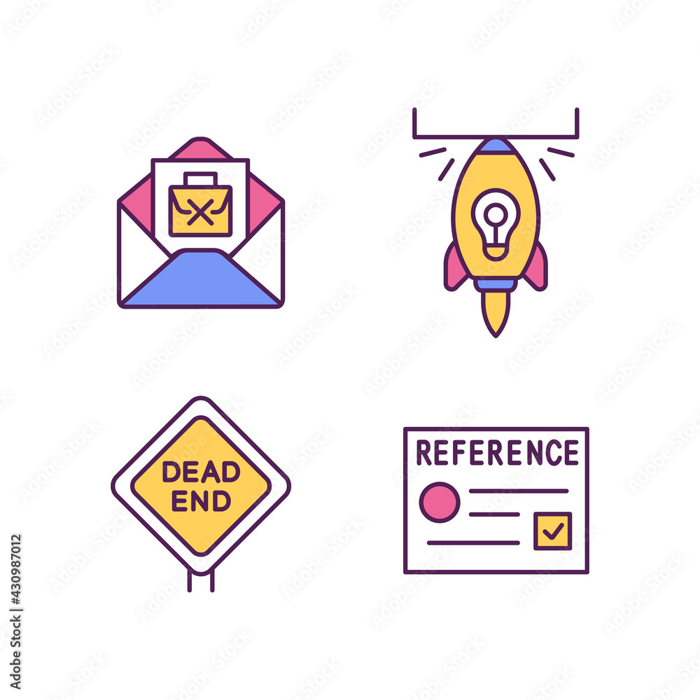 Job transition and resignation RGB color icons set. Career change reasons. Dead-end job. Write resignation letter. Get references. Looking for new employment. Isolated vector illustrations