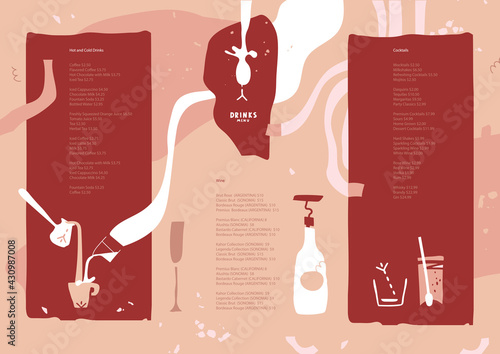 Menu design. Alcoholic, dairy, hot drinks. Lines and abstract shapes. Vector template for menu, list, banner, booklet, flyer, layout, poster. 