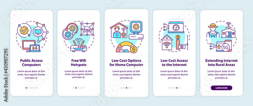Digital inclusion measures onboarding mobile app page screen with concepts. Computer walkthrough 5 steps graphic instructions. UI, UX, GUI vector template with linear color illustrations