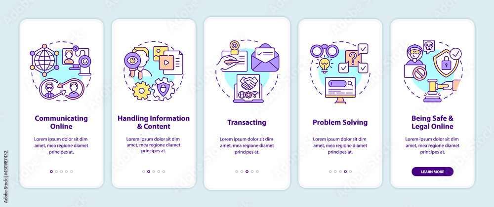 Essential digital skills onboarding mobile app page screen with concepts. Information technology walkthrough 5 steps graphic instructions. UI, UX, GUI vector template with linear color illustrations Essential digital skills onboarding mobile app page screen with concepts. Information technology walkthrough 5 steps graphic instructions. UI, UX, GUI vector template with linear color illustrations