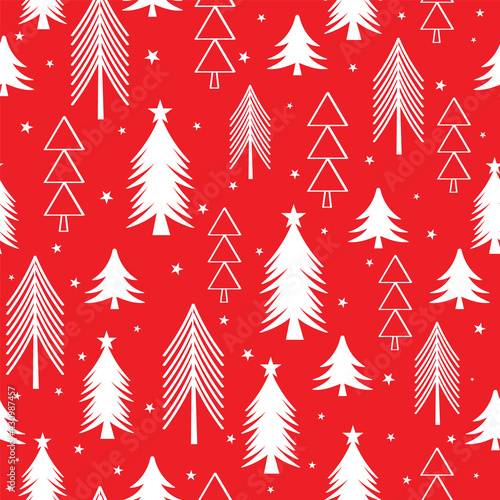 seamless pattern with christmas trees design on red color background