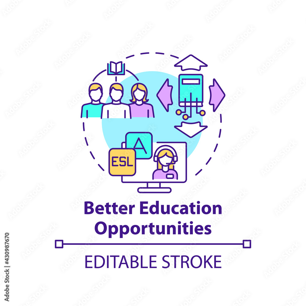Better education opportunities concept icon. Online university course. Internet training. Digital inclusion idea thin line illustration. Vector isolated outline RGB color drawing. Editable stroke Better education opportunities concept icon. Online university course. Internet training. Digital inclusion idea thin line illustration. Vector isolated outline RGB color drawing. Editable stroke