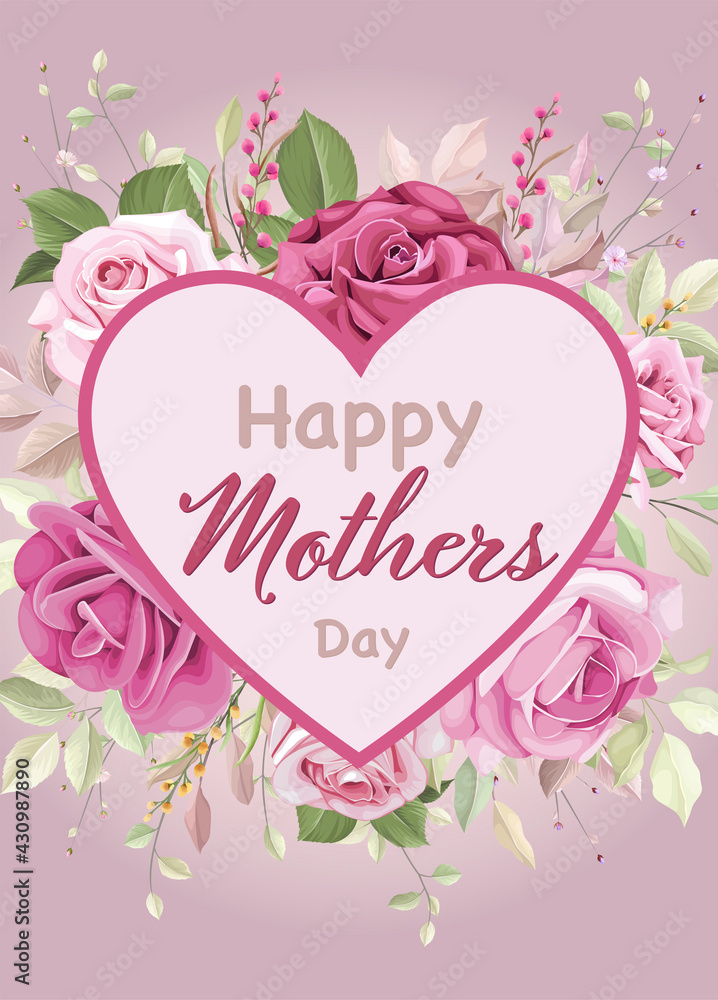 card or banner on Mother's Day in light and dark pink in a pink heart with a bouquet of roses behind on an old pink background