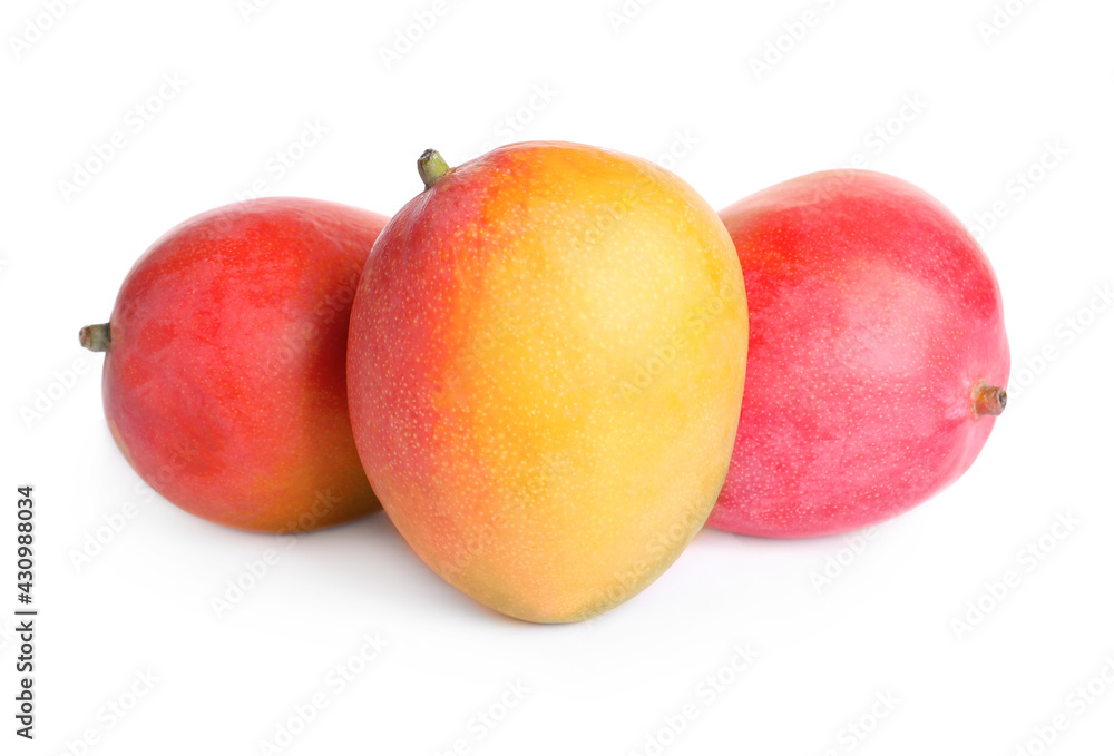Delicious ripe juicy mangoes on white background Delicious ripe juicy mangoes on white background