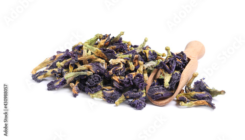 Organic blue Anchan and scoop on white background. Herbal tea
