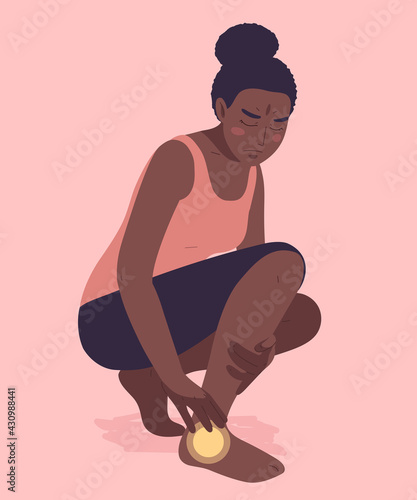 African woman shows ankle pain, one point. Accident, leg injury during sport, training, fitness or other activities. Medical, pharma, physiotherapy concept.