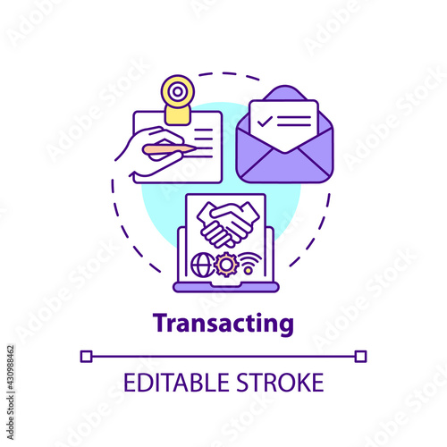 Transacting concept icon. Online communication. Data transfer on internet. Digital inclusion idea thin line illustration. Vector isolated outline RGB color drawing. Editable stroke