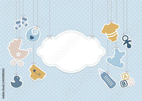 Karte Hängende Babysymbole Junge Mit Wolke Punkte Retroblau Senfgelb