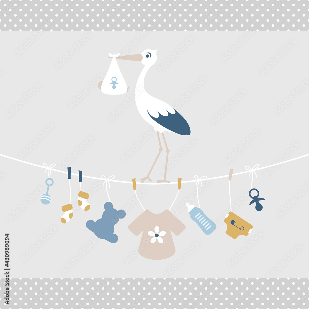 Fototapeta premium Storch Auf Wäscheleine Babysymbole Junge Retroblau Senfgelb Kanten Punkte Grau