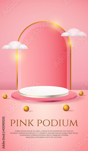 social media instagram story banner with 3d product display pink podium and white clouds