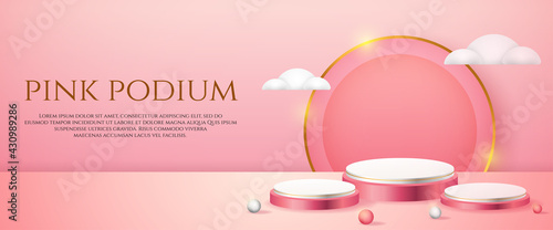 social media banner with 3d product display pink podium and white clouds