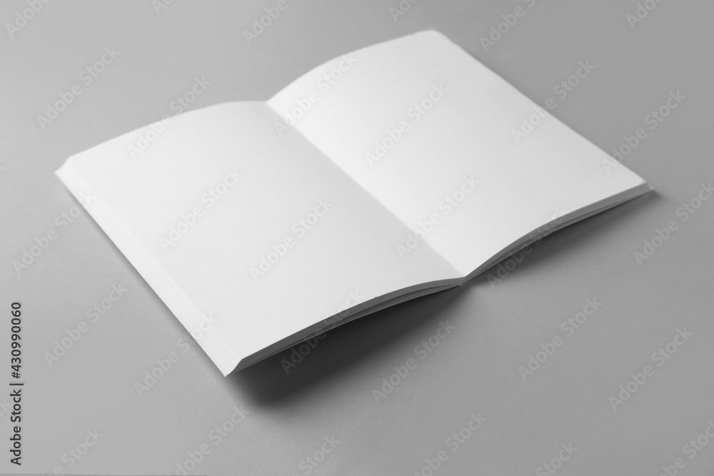Open blank brochure on grey background. Mockup for design