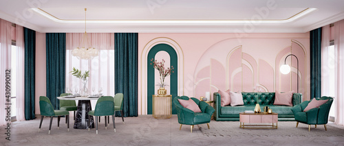 Panorama of art deco style  living room and dining area with sofa,armchair.3d rendering