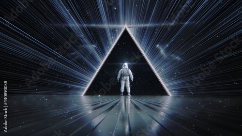 NEON LIGHT PYRAMID & ASTRONAUT ::: futuristic abstract cosmic space triangle | mystery universe concept in a retro glowing synthwave style | 3D Render Illustration 8K photo
