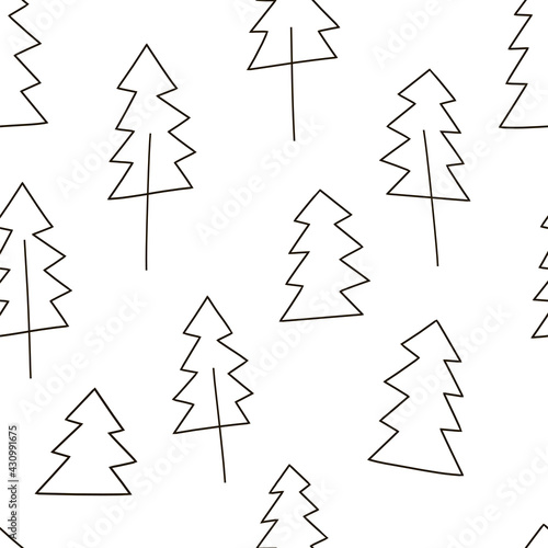 Linear minimalistic Christmas tree forest vector seamless pattern. Abstract Xmas modern line art pine tree background. Seasonal winter holidays monochrome geometric doodle graphic print design