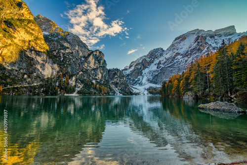 The beautiful Braies lake in late autumn with a little snow, Pearl of the Dolomite lakes is an UNESCO heritage and is located in the Braies Alto Adige,Italy