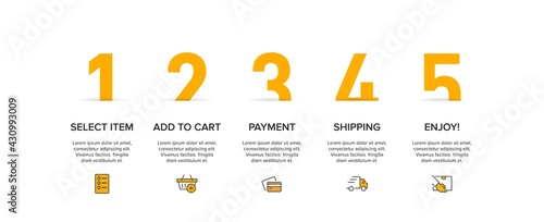 Concept of shopping process with 5 successive steps. Five colorful graphic elements. Timeline design for brochure, presentation, web site. Infographic design layout.
