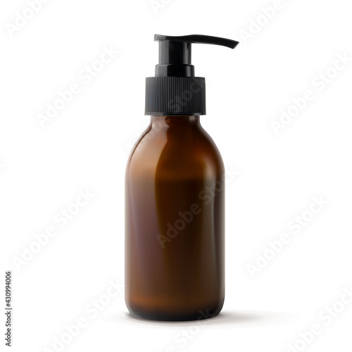 Glass bottle with pump 3d realistic vector illustration, isolated. Mockup container with dispenser for liquid cosmetic product: soap, shampoo, gel, lotion