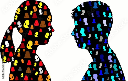 Siluleta of a boy and a girl facing each other. Profile of a girl and a boy filled with silulets in different colors. photo