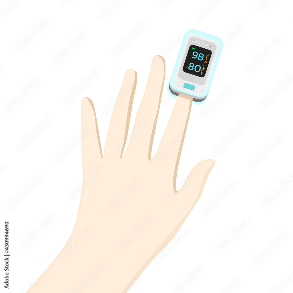 Illustation of Using a blood oxygen monitor with the fingertip on the left index finger. flat design vector. Illustation of Using a blood oxygen monitor with the fingertip on the left index finger. flat design vector.
