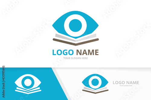 Vector eye and library logo combination. Unique bookstore logotype design template.